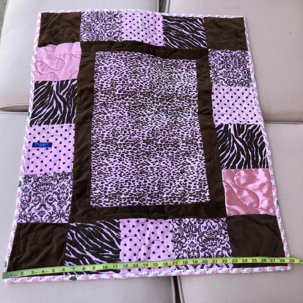 Lot Of 1 Baby Girl Pink Brown Green Cotton Quilt and 1 Soft Blanket Patchwork